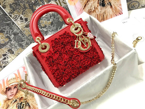 Christian Dior Mini LADY DIOR BAG Red Printed Calfskin with Multicolor Dior In Lights Pearl and Thread Embroidery