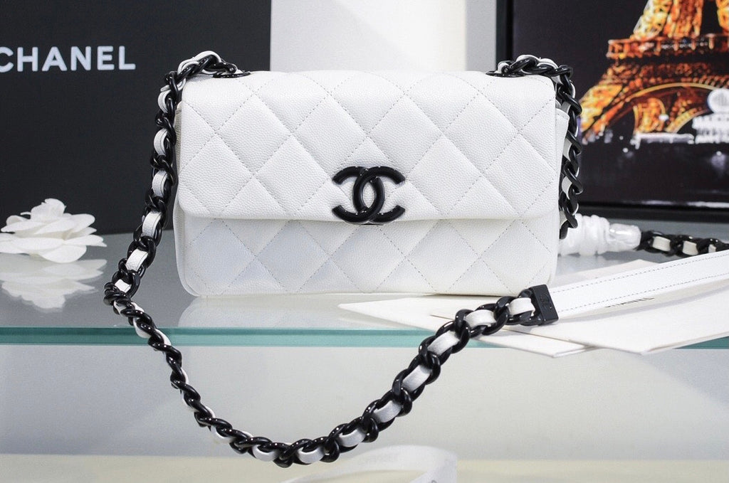 Chanel Small Grained Calfskin Lacquered Logo Flap Bag
