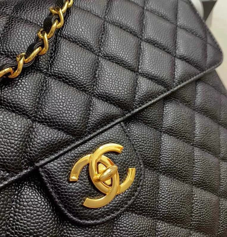 Chanel  BLACK QUILTED CAVIAR LEATHER JUMBO CLASSIC SINGLE FLAP BAG