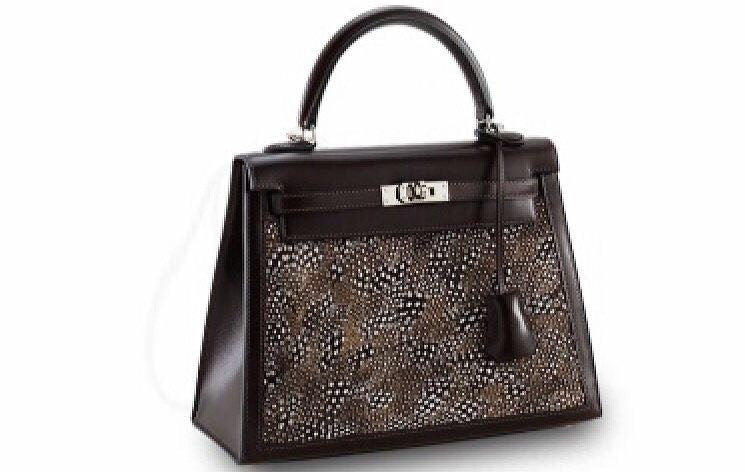 Hermes  FEATHER KELLY 25 Black Peacock feather & Box Leather with Palladium Hardware