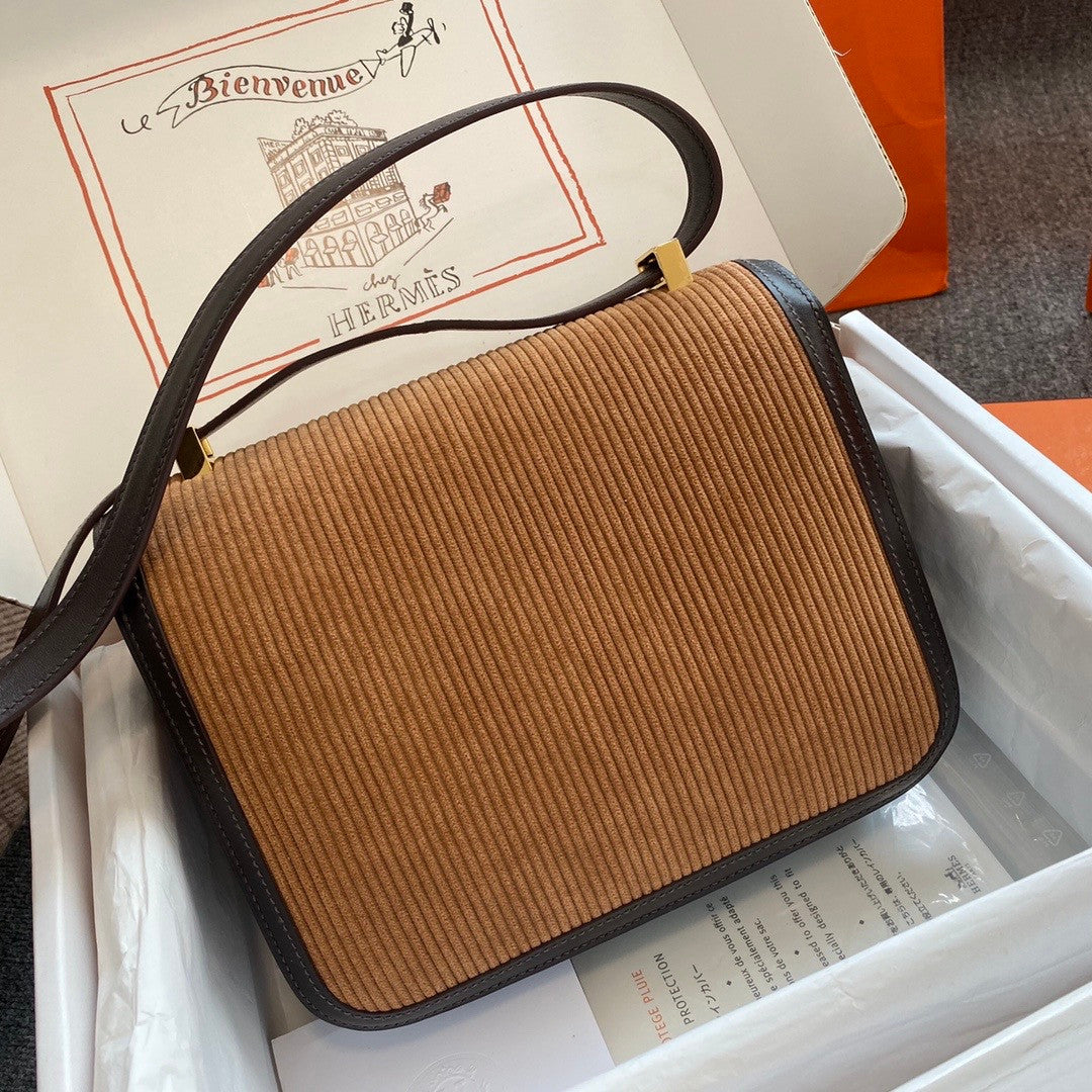 Hermès Brown Corduroy Constance 19cm  Gold GHW