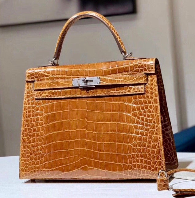 Hermes Fauve Porosus CROCODILE KELLY 28 WITH Palladium  HARDWARE