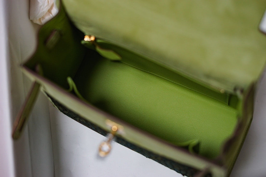 Hermes  FEATHER KELLY 25 Green Peacock feather & Suede  with Gold Hardware