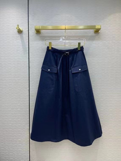 Christian Dior BELTED MID-LENGTH SKIRT Deep Blue Denim-Effect Technical Cotton