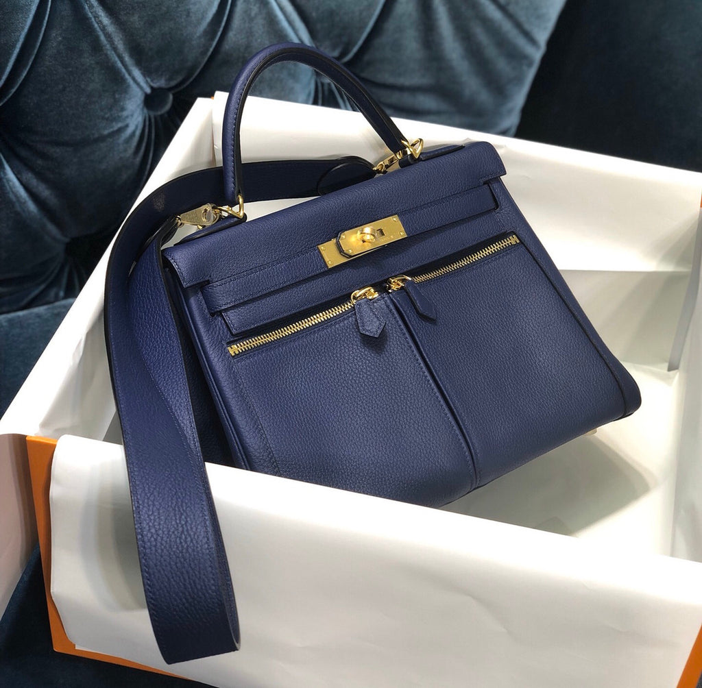 Hermes Special Order Kelly Lakis 35 Navy with Gold Hardware