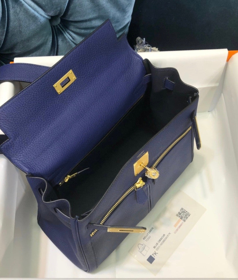 Hermes Special Order Kelly Lakis 35 Navy with Gold Hardware