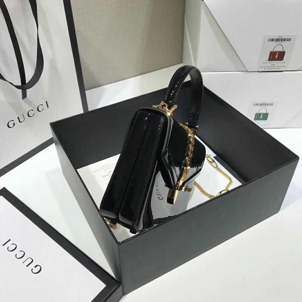 Gucci Sylvie 1969 patent leather mini top handle bag Black