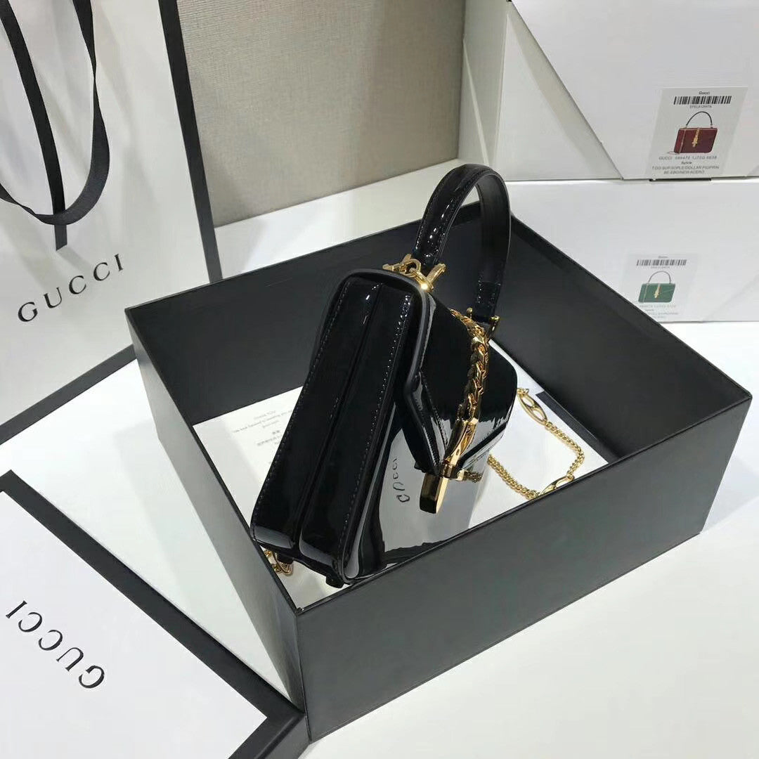 Gucci Sylvie 1969 patent leather mini top handle bag Black