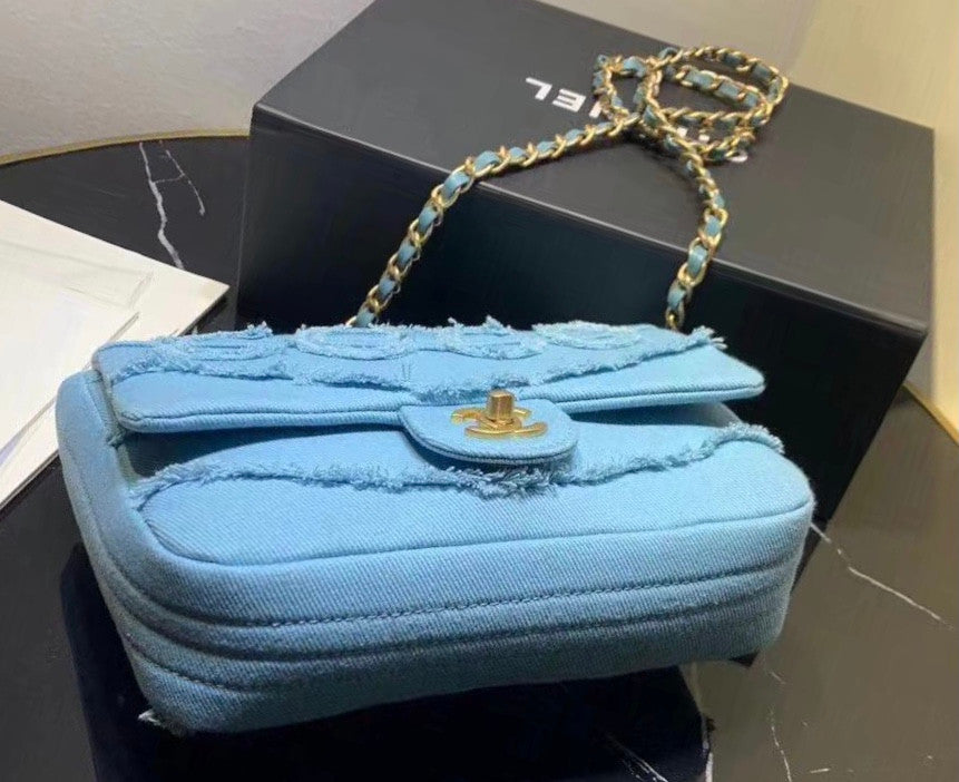 Chanel Coco Flap Bag Fringe Chevron Denim Small Light Blue