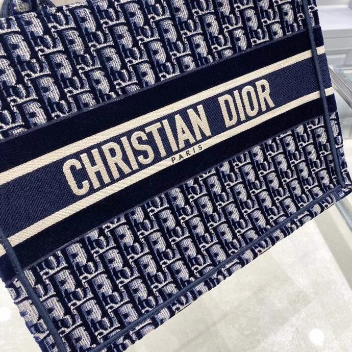 Christian Dior SMALL DIOR BOOK TOTE Blue Dior Oblique Embroidered Velvet