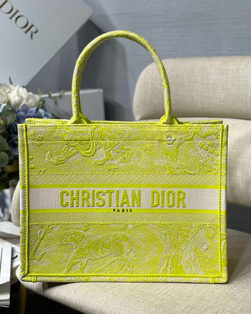 Christian Dior SMALL DIOR BOOK TOTE Lime Toile de Jouy Reverse Embroidery