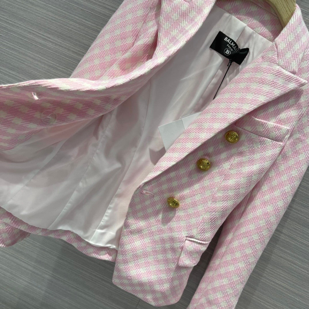Balmain White and pale pink gingham print tweed jacket