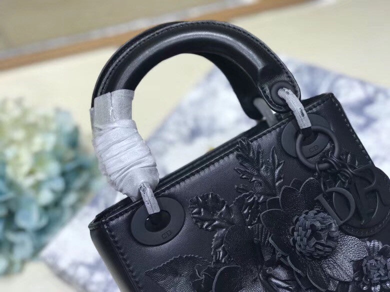 Christian Dior MINI LADY DIOR EMBROIDERED FLOWERS BLACK LAMBSKIN BAG