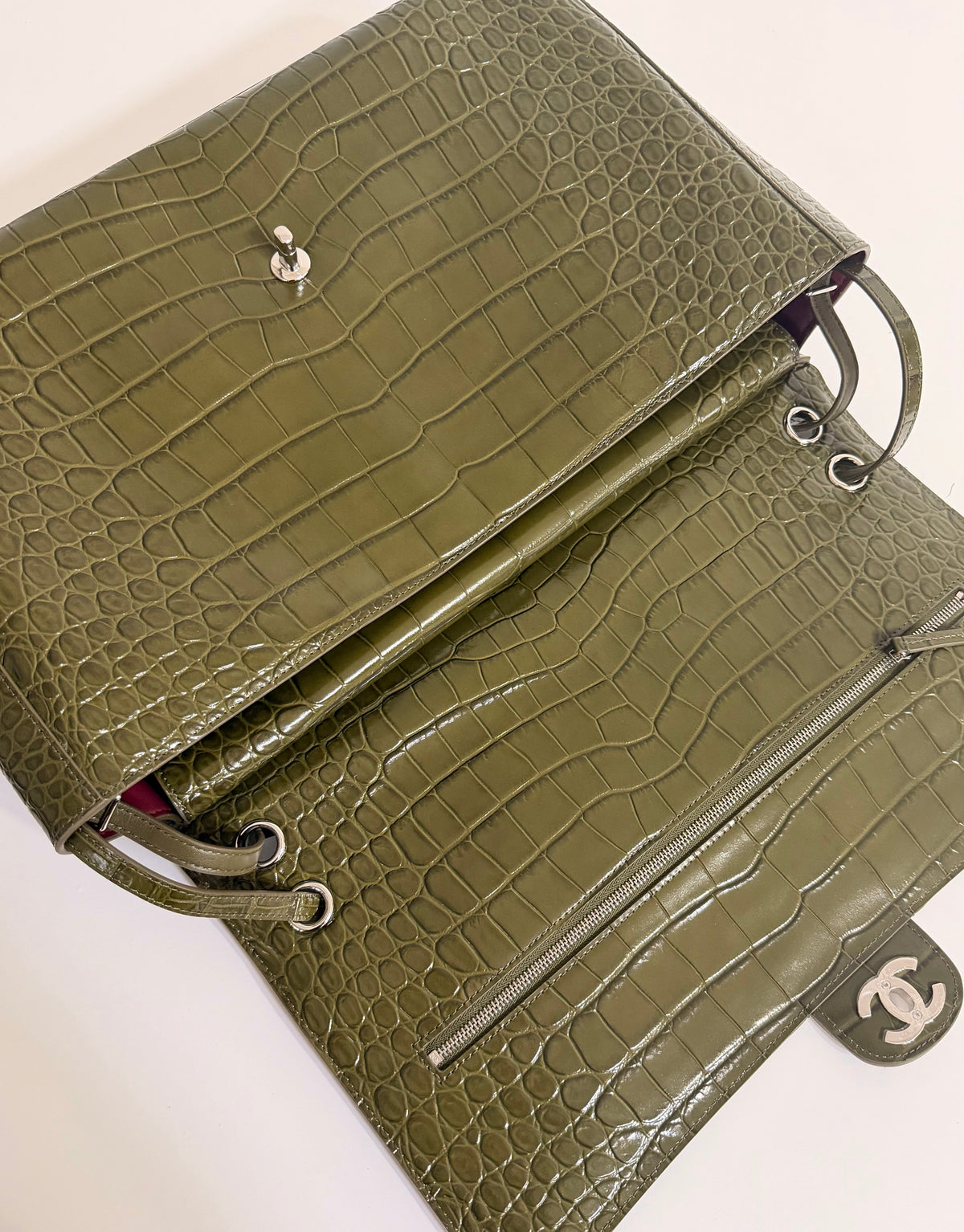 Chanel Olive Green Alligator / Crocodile Classic Maxi Flap Bag – Silver Hardware