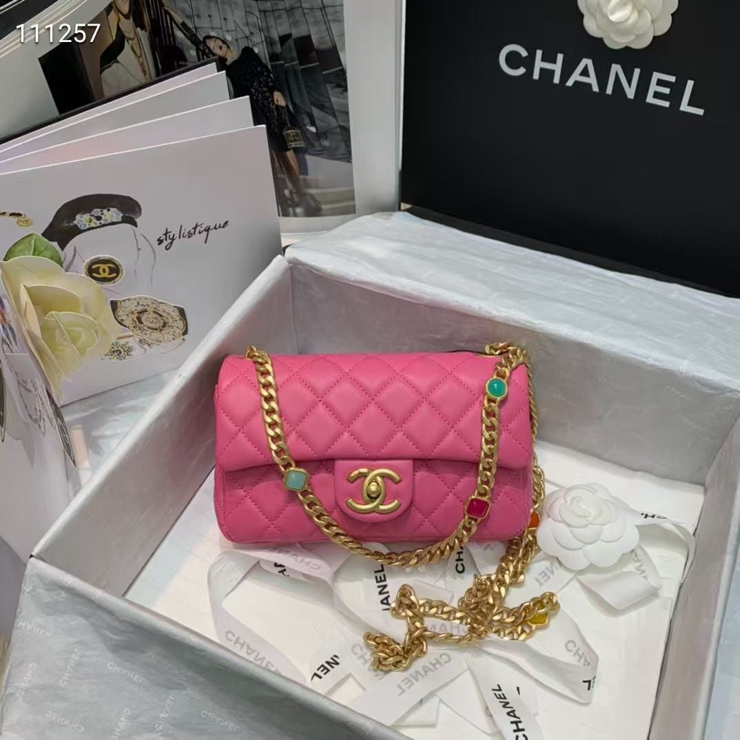 Chanel Flap Bag with  Resin & Gold-Tone Metal Pink Small