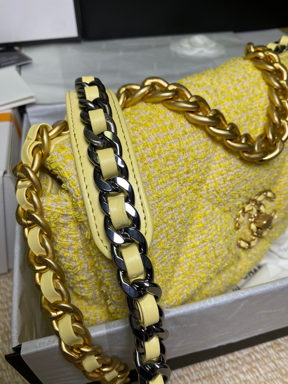 Chanel Yellow Tweed 19 flap bag