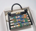 Hermes Black Kelly Bag Box Leather Horse Print Toile GHW 32 cm
