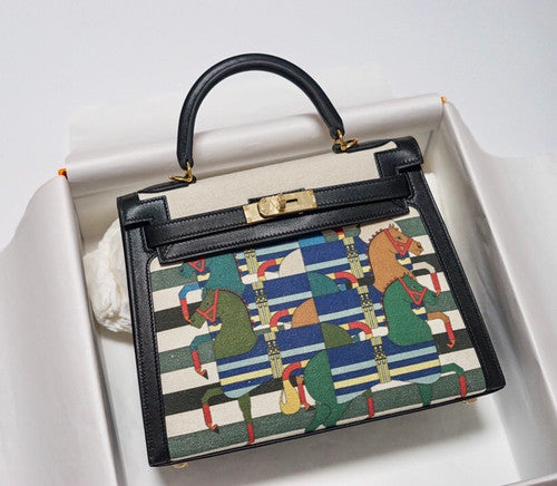 Hermes Black Kelly Bag Box Leather Horse Print Toile GHW 32 cm