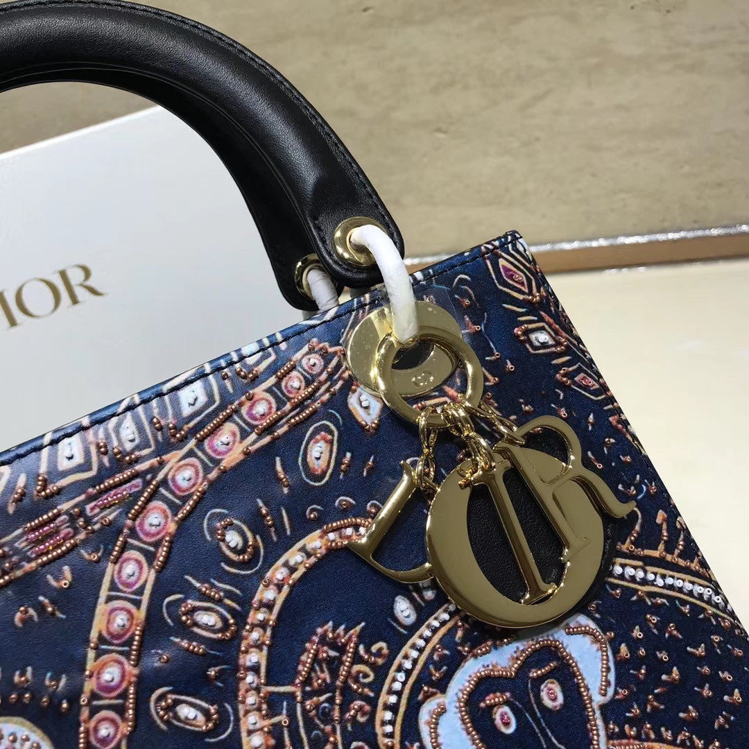 Christian Dior BLACK  LADY DIOR MEDIUM DIOR ANIMALS EMBROIDERED SMOOTH CALFSKIN BAG