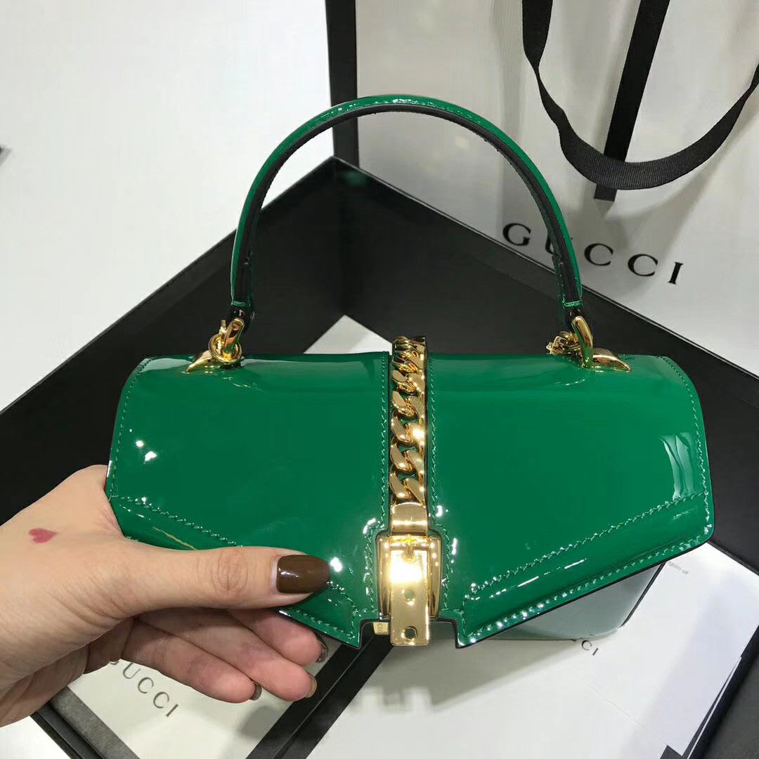 Gucci Sylvie 1969 patent leather mini top handle bag Green