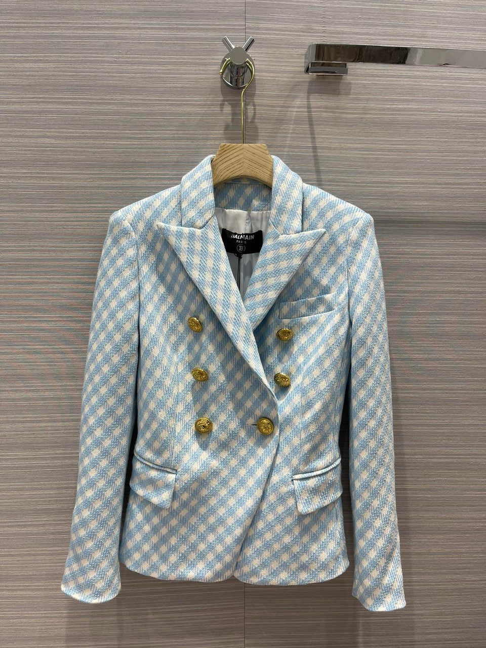 Balmain White and pale blue gingham print tweed jacket