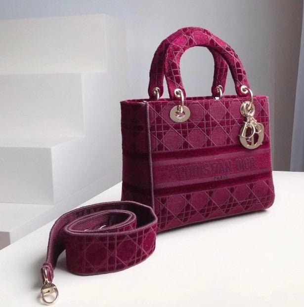 Christian Dior MEDIUM LADY D-LITE BAG Burgundy  Cannage Embroidered Velvet