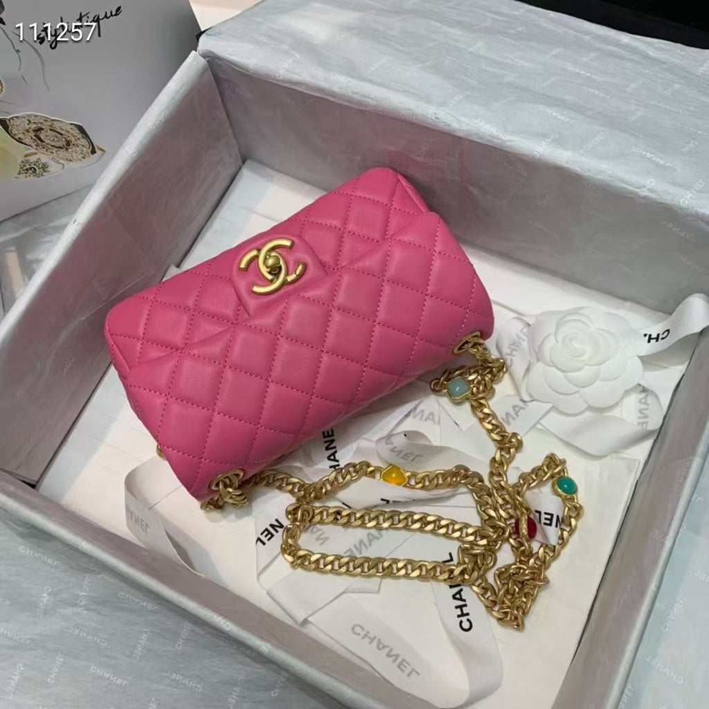 Chanel Flap Bag with  Resin & Gold-Tone Metal Pink Small