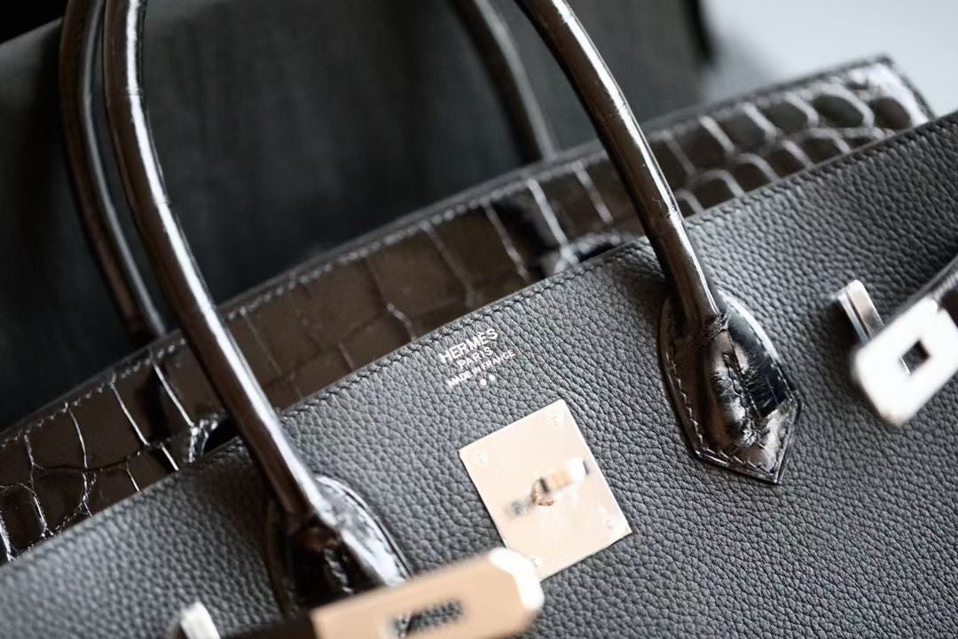Hermès Black Niloticus Crocodile /Togo Birkin Touch 25cm Palladium Hardware