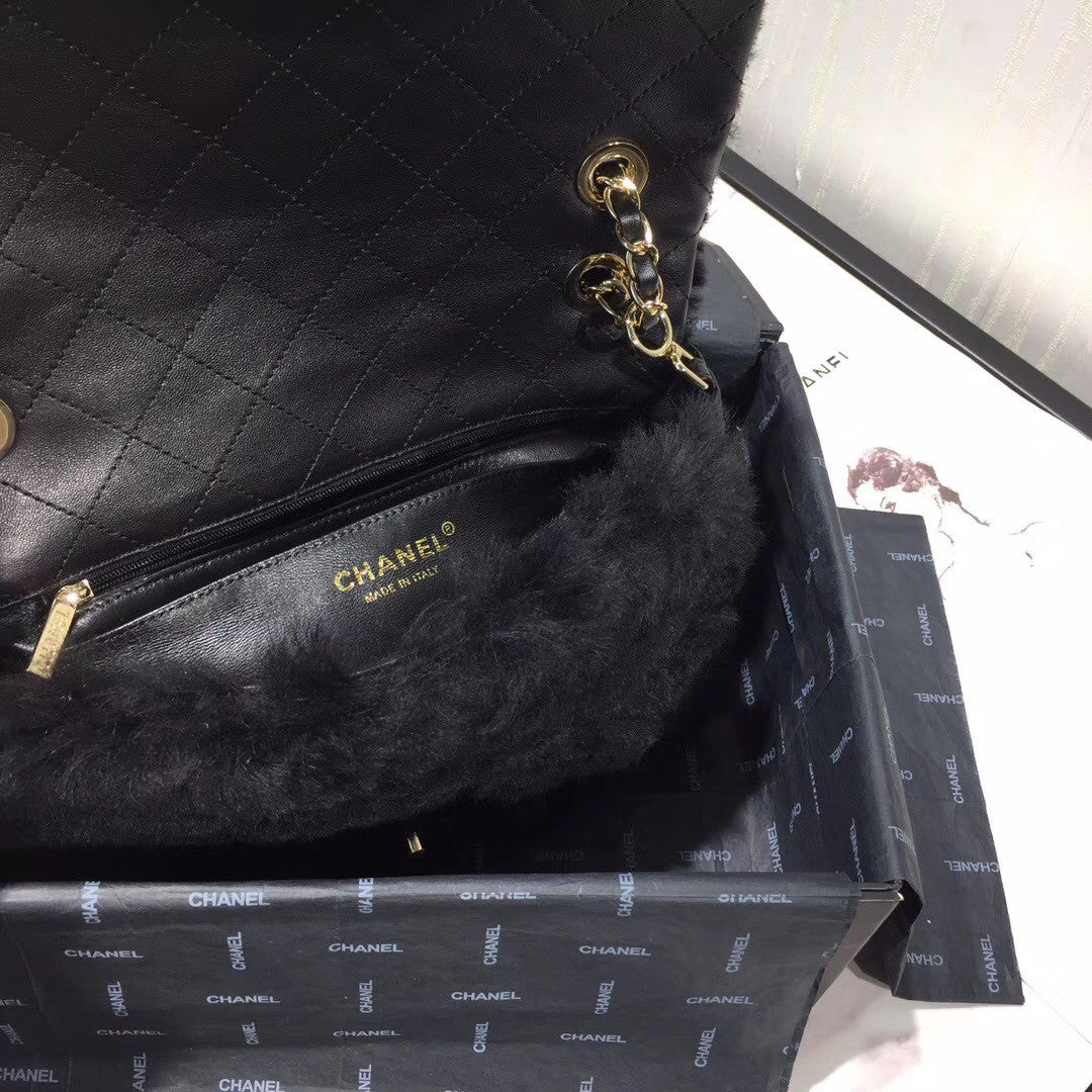 Chanel Shearling Lambskin Flap Bag Black
