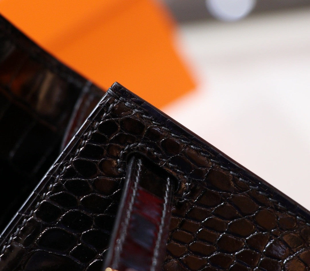 Hermes Black Mini Kelly Pochette Gator Shine with Gold Hardware