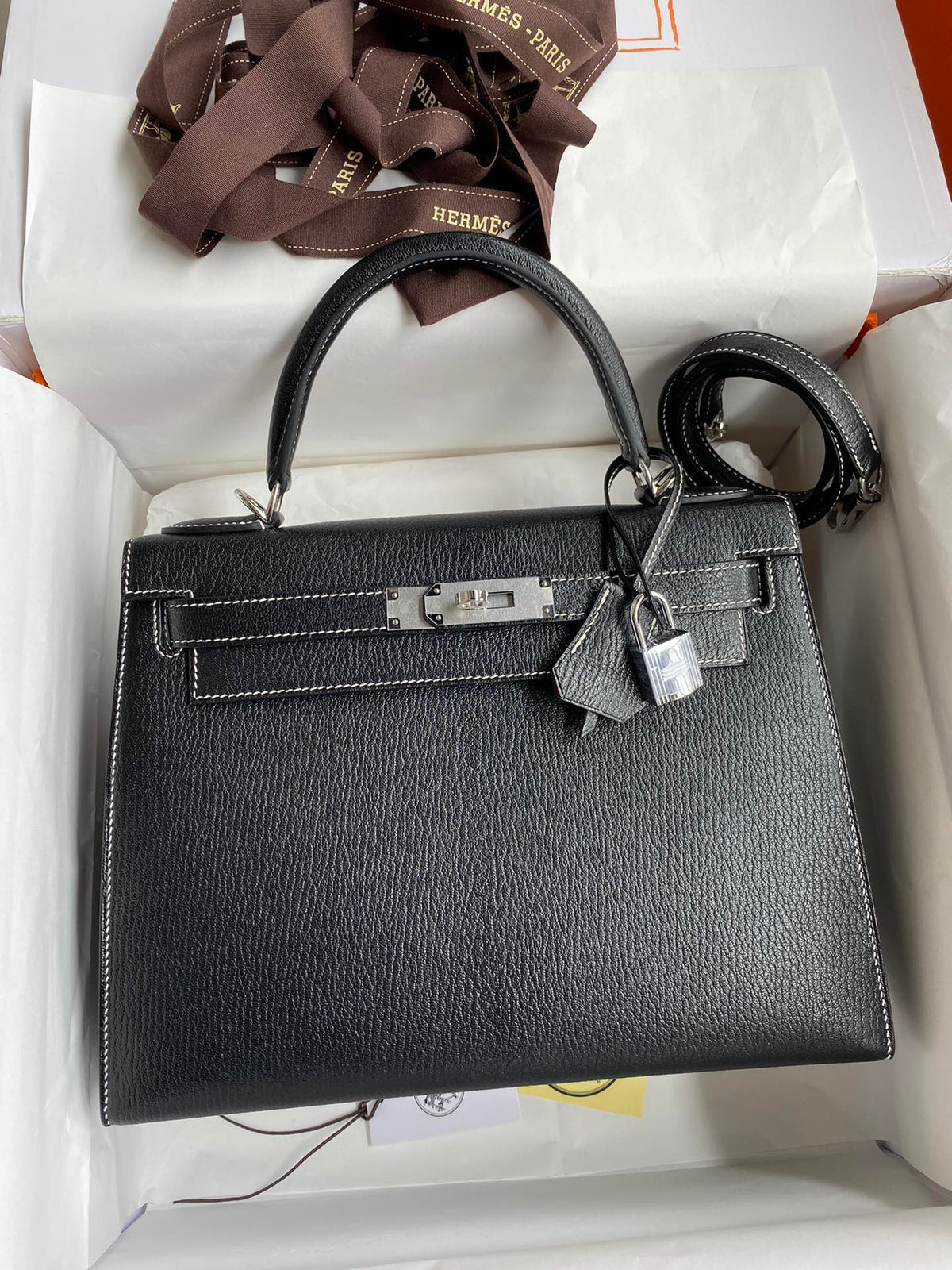 Hermes Kelly 28 Special Order (HSS)  Black Goatskin (Chevre) with Heart Red (Rouge de Cur) Interior & Palladium Hardware