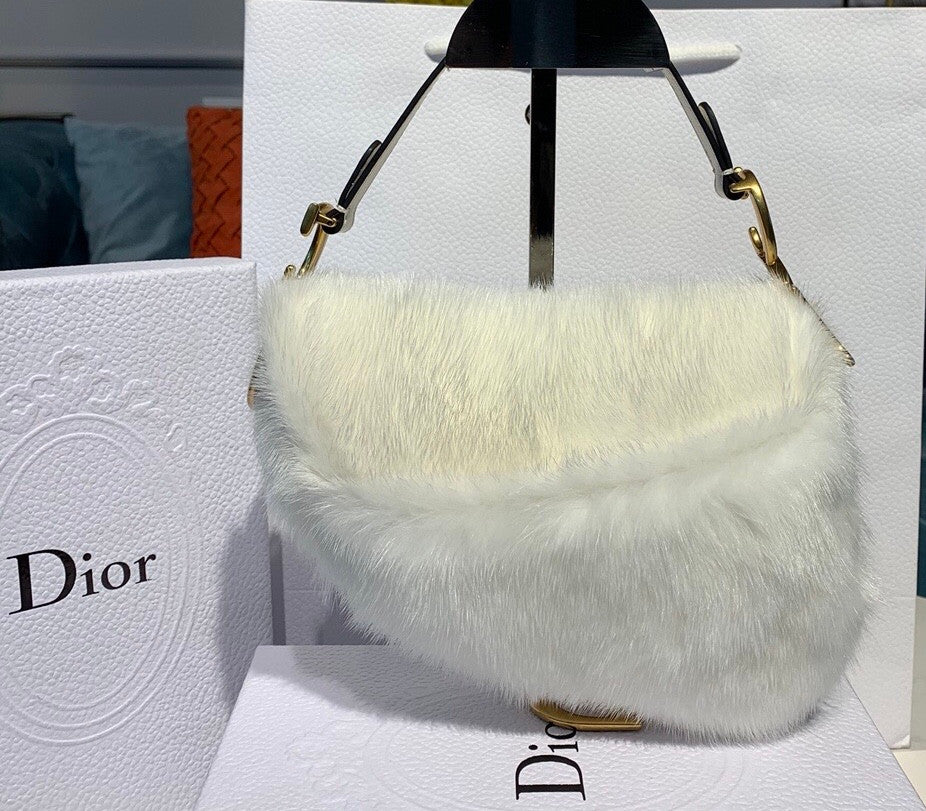 Christian Dior Saddle Handbag Fur Medium White