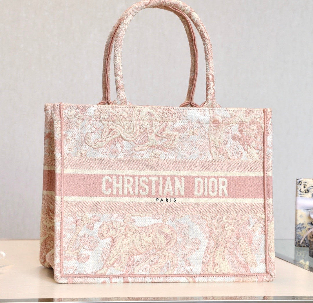 Christian Dior SMALL DIOR BOOK TOTE Pink Multicolor Toile De Jouy Embroidery