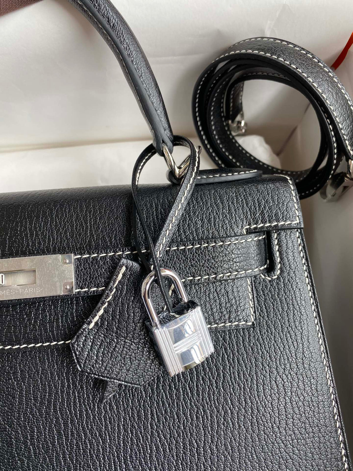 Hermes Kelly 28 Special Order (HSS)  Black Goatskin (Chevre) with Heart Red (Rouge de Cur) Interior & Palladium Hardware