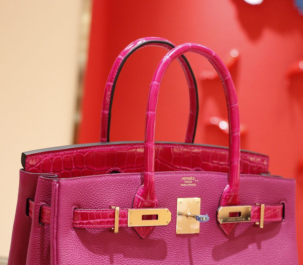 Hermes Birkin Touch 30 J5 Rose Sheherzade Shiny Niloticus Crocodile & Magnolia Togo leather with Gold Hardware