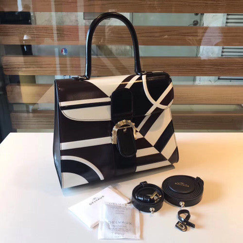 Delvaux Brillant MM Leather Satchel with Black & White geometric pattern