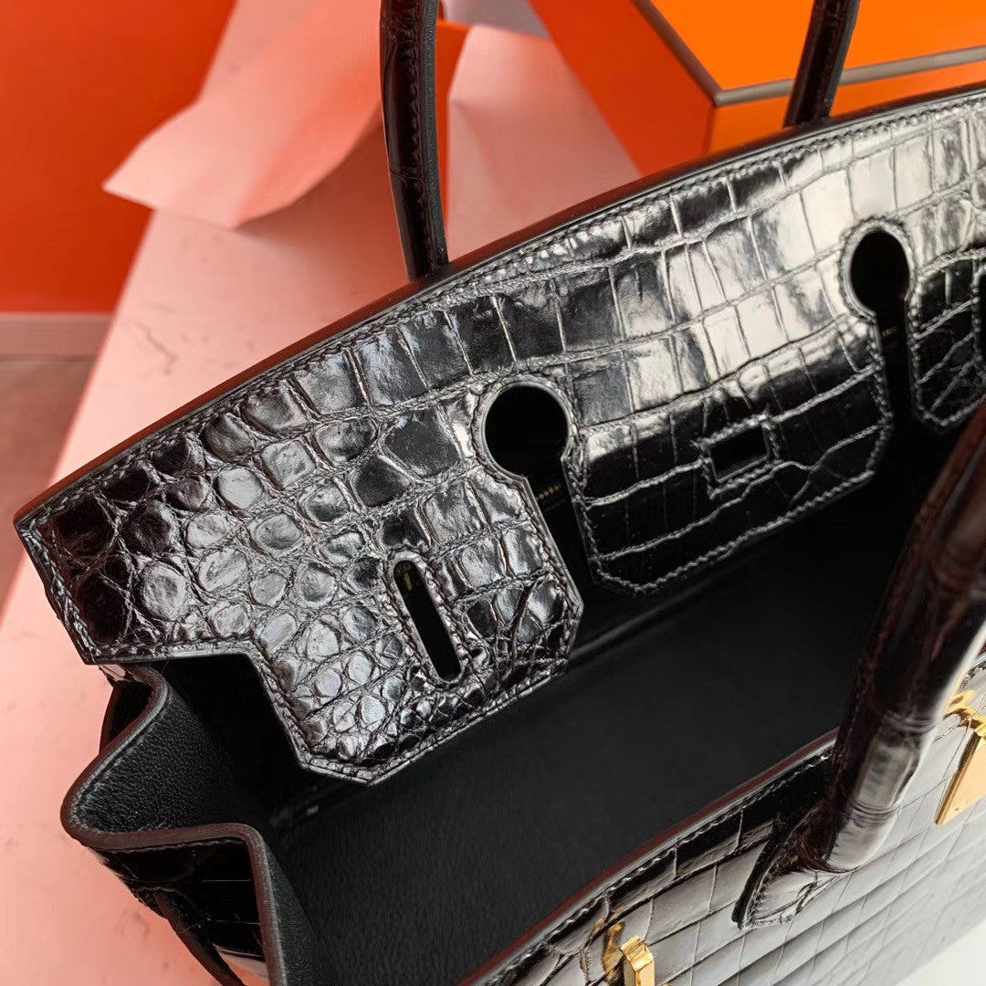 HERMES BIRKIN 30 BAG SHINY BLACK ALLIGATOR GOLD HARDWARE