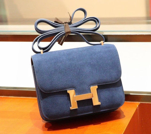 Hermes  Constance Veau Doblis Suede R2 Blue Agate  19cm