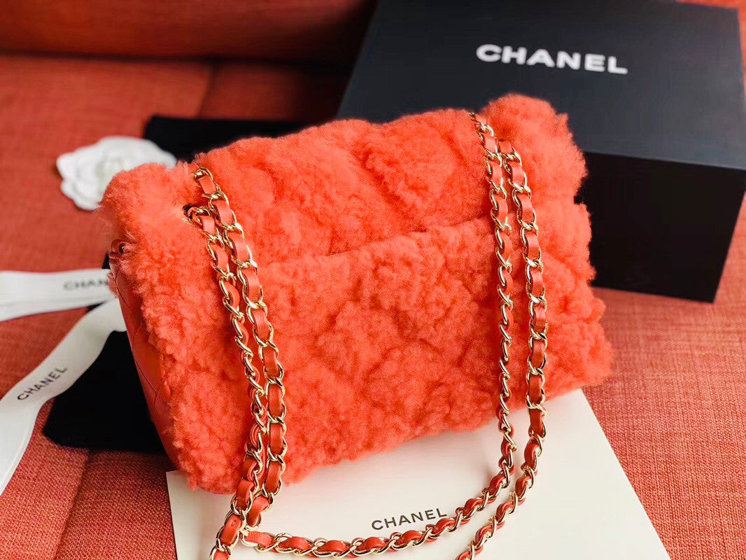 Chanel Shearling Lambskin Flap Bag Bright Red
