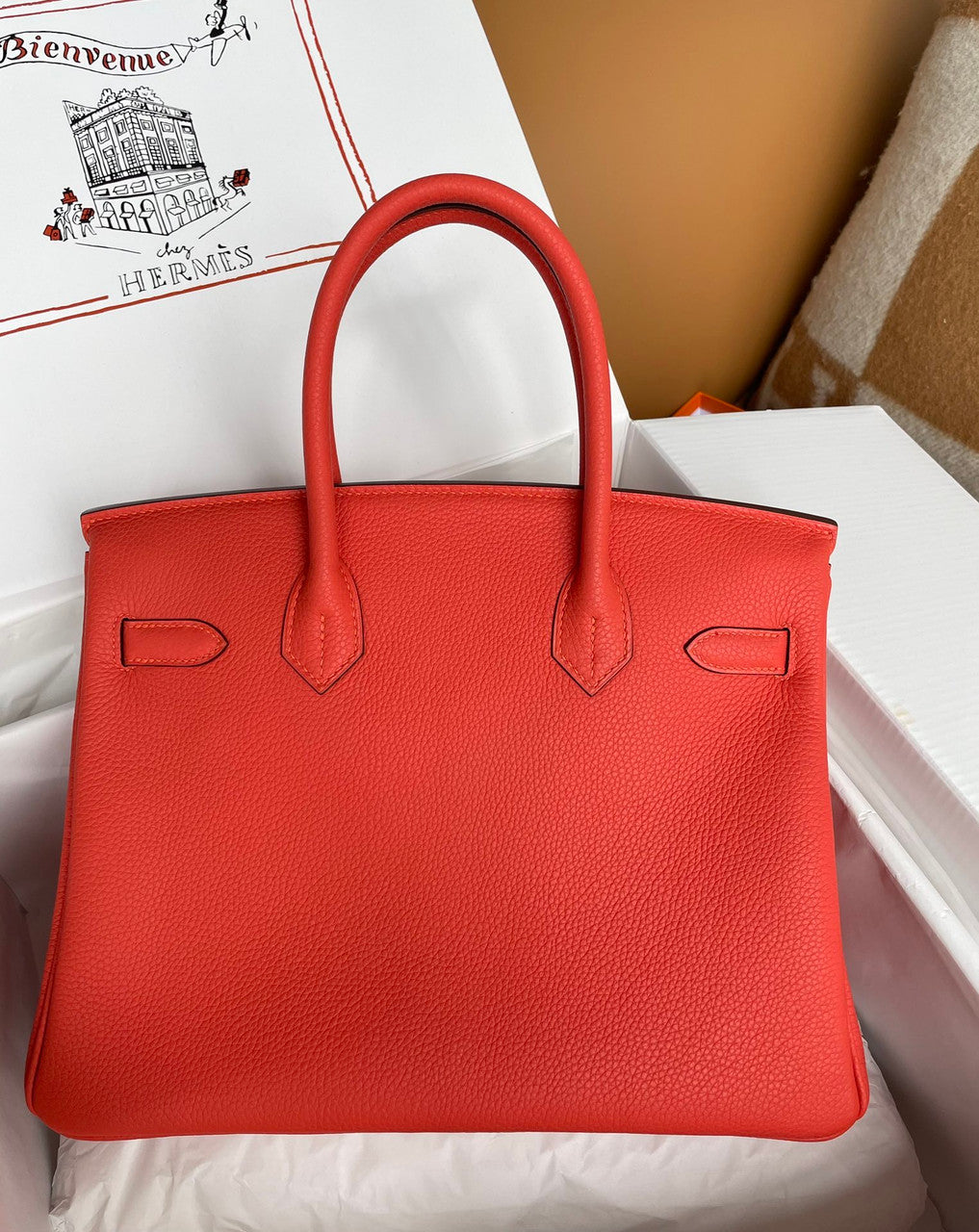 Hermes 9J Feu Birkin Bag 30cm Togo Leather Gold Hardware