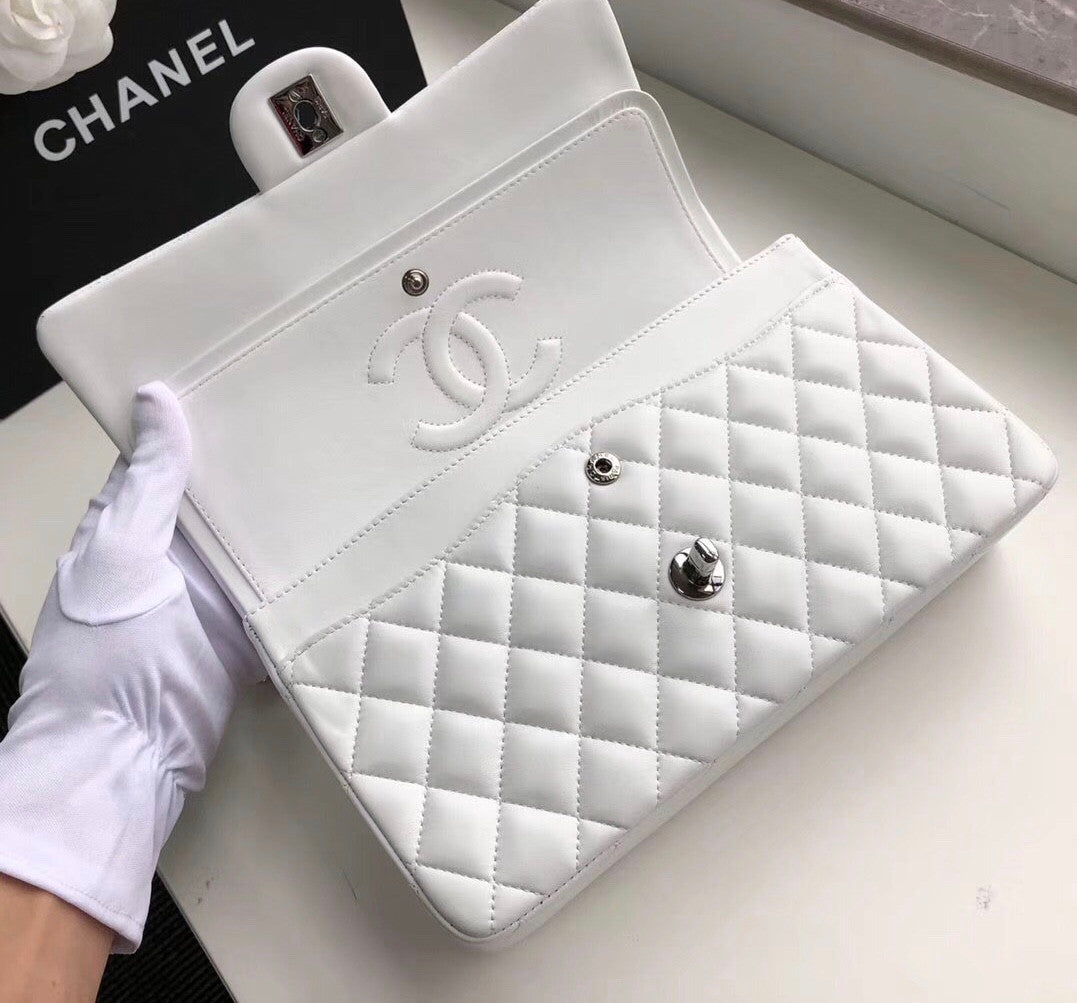 CHANEL White Lambskin Leather Classic Double Flap 2.55 Shoulder Bag With Silver Hardware
