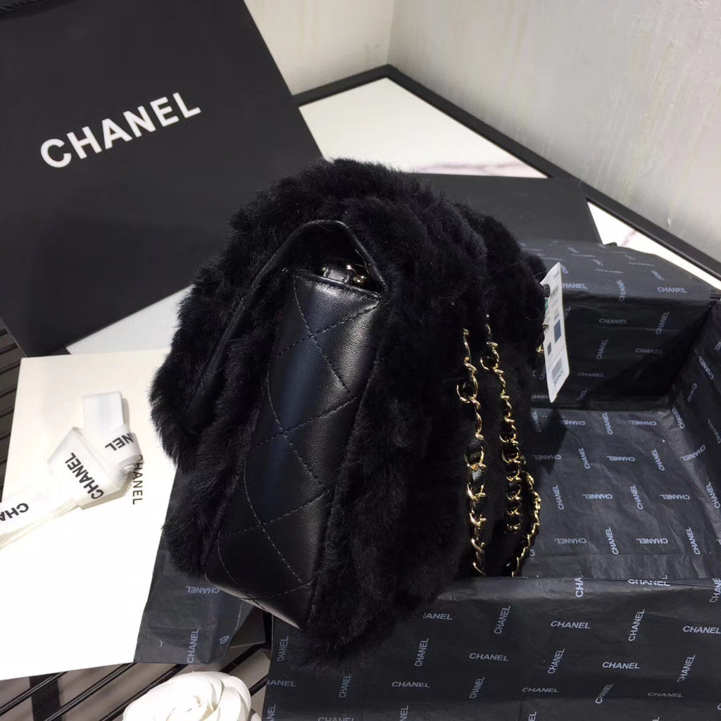 Chanel Shearling Lambskin Flap Bag Black