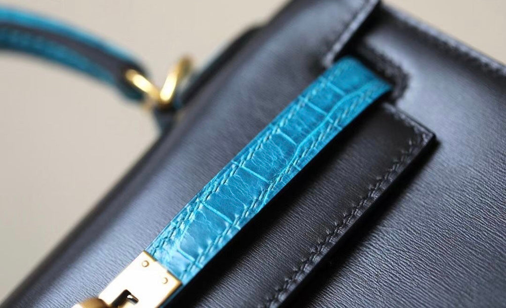 Hermes Special Order 7W Bleu Izmir/ Black Kelly 28 with Crocodile Niloticus and Box Leather