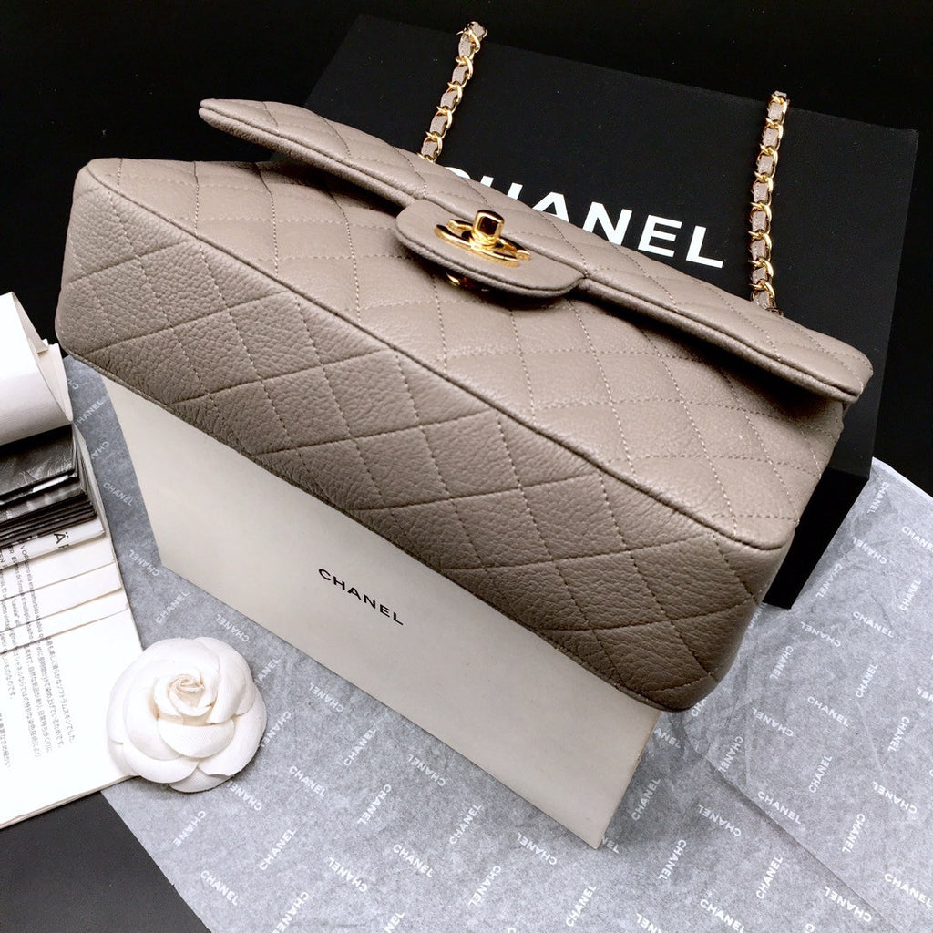 CHANEL 1112 Classic Flap Bag  Khaki  Deerskin Medium Gold HW
