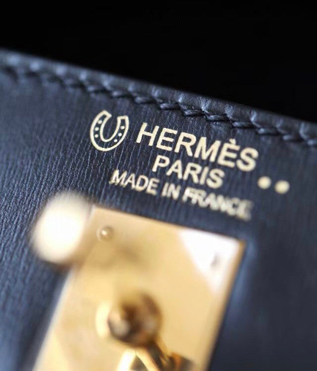 Hermes Special Order 7W Bleu Izmir/ Black Kelly 28 with Crocodile Niloticus and Box Leather