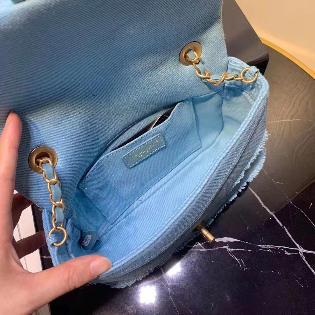 Chanel Coco Flap Bag Fringe Chevron Denim Small Light Blue