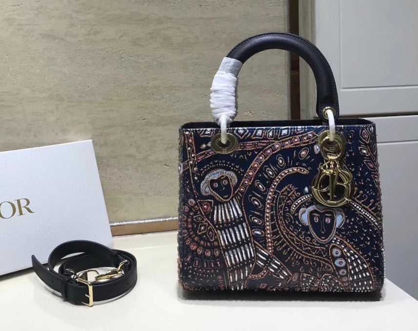 Christian Dior BLACK  LADY DIOR MEDIUM DIOR ANIMALS EMBROIDERED SMOOTH CALFSKIN BAG