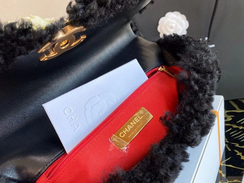 Chanel Shearling Sheepskin CHANEL 19 Flap Bag Black