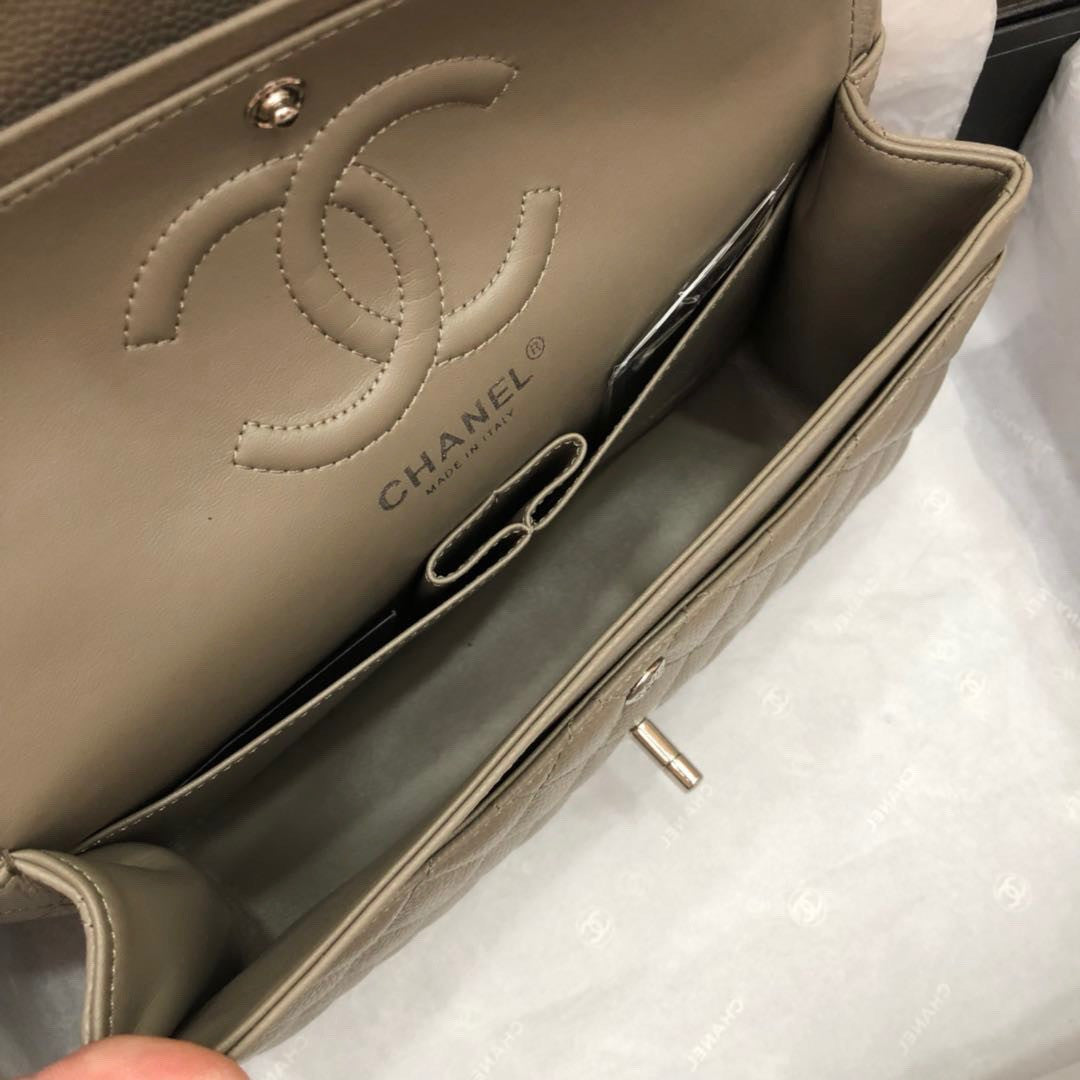 CHANEL Khaki Caviar Leather Classic Double Flap 2.55 Shoulder Bag Silver HW 2021