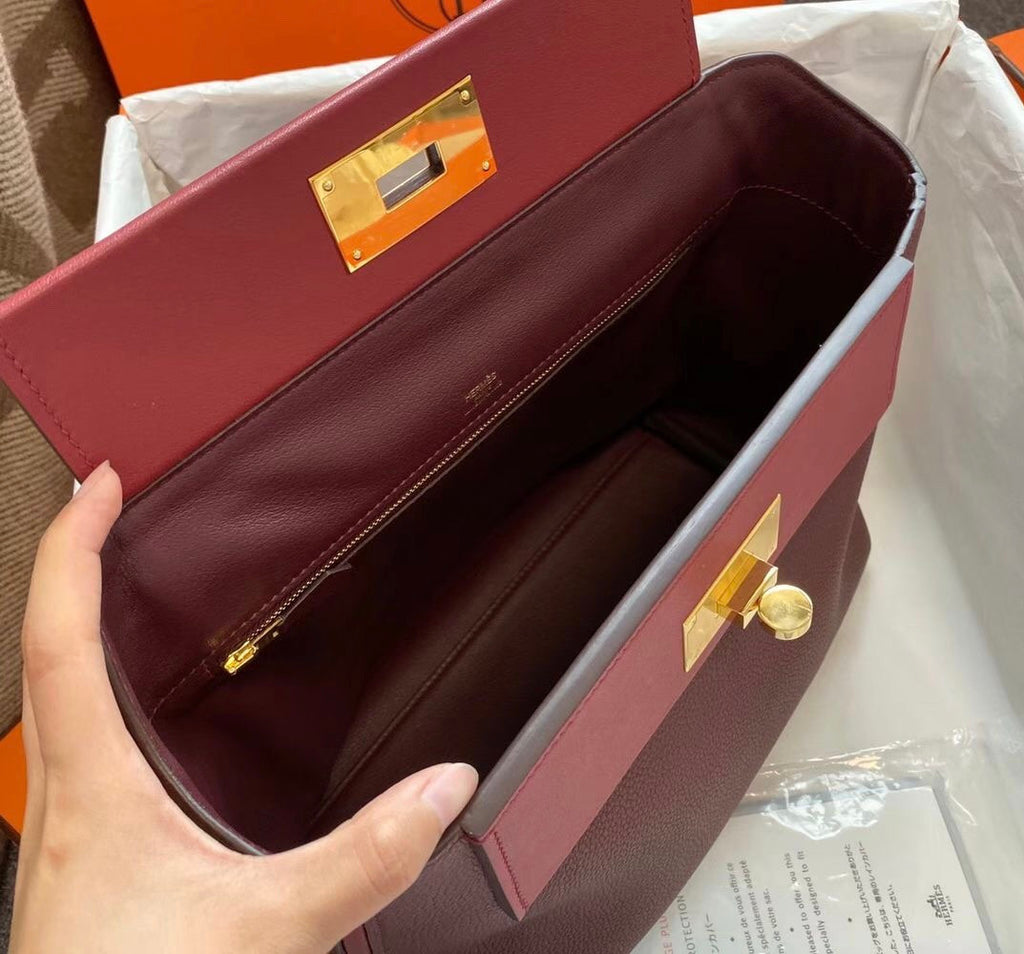 Hermes Kelly 24/24 Bordeaux/Red Swift & Togo Leather with Gold Hardware